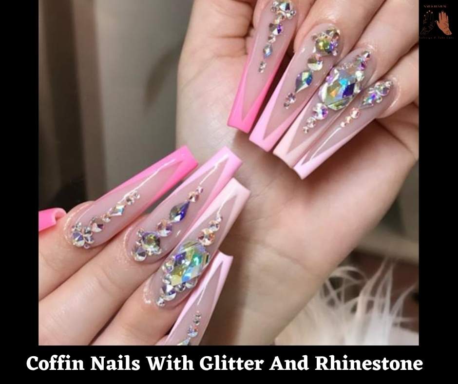 Coffin Nails With Glitter And Rhinestone